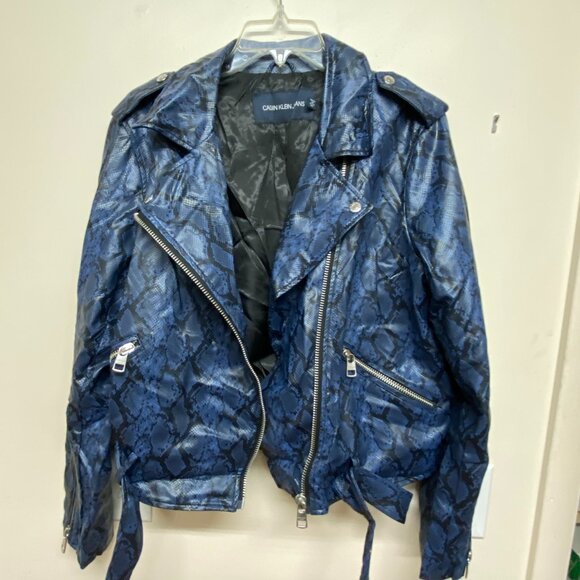 Calvin Klein Jeans Faux Leather Python Print Womens Moto Jacket XL - Picture 2 of 9
